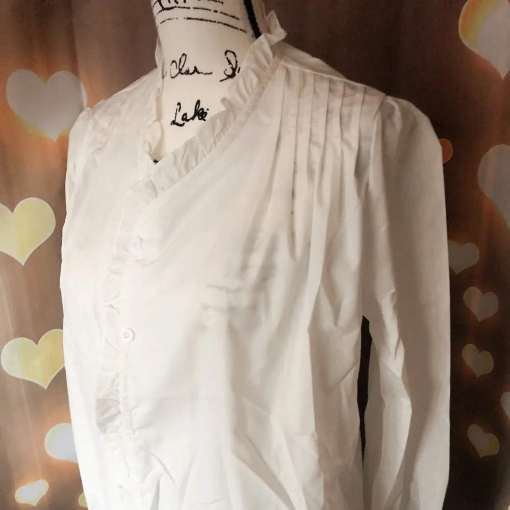 White blouse shirt bell sleeve ruffle button down womens - Picture 5 of 6